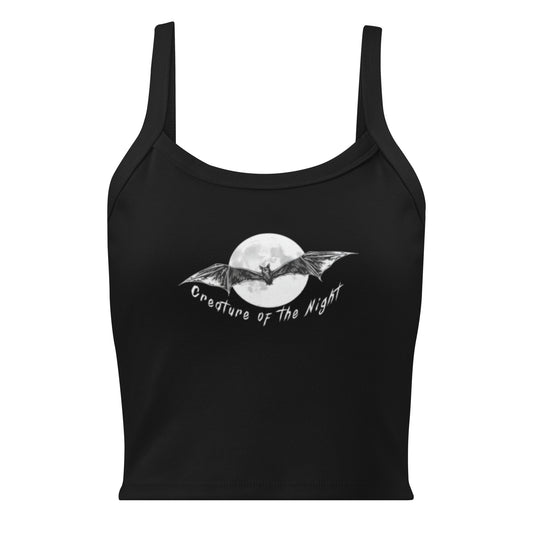 Black crop top with a bat and full moon design with the quote "creatures of the night" on it
