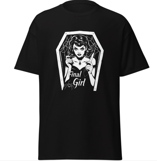 Black t-shirt with a graphic design of a woman in a coffin and 'Final Girl' text on it. Original design by Dahlia Dread