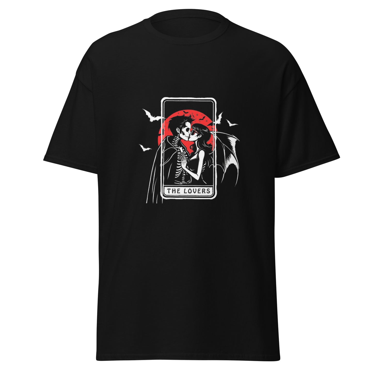 Black gothic style t-shirt with 2 vampires kissing on The Lovers tarot card with bats flying around and a blood red moon in the backround.