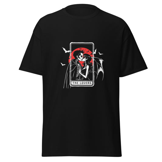 Black gothic style t-shirt with 2 vampires kissing on The Lovers tarot card with bats flying around and a blood red moon in the backround.