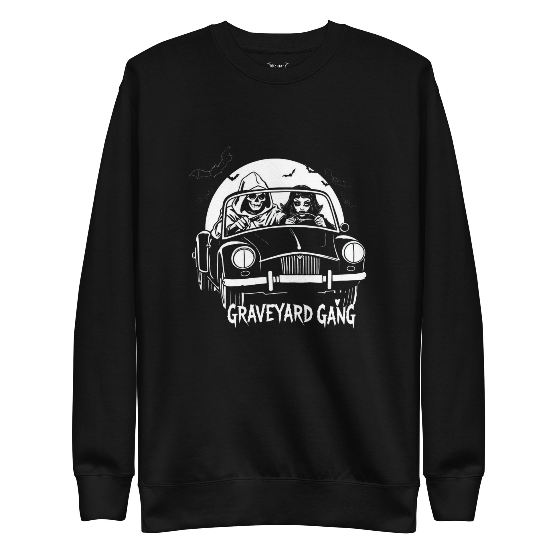 Black sweatshirt with 'Graveyard Gang' of a grim reaper and a vampire women driving in a car with bats flying around them.