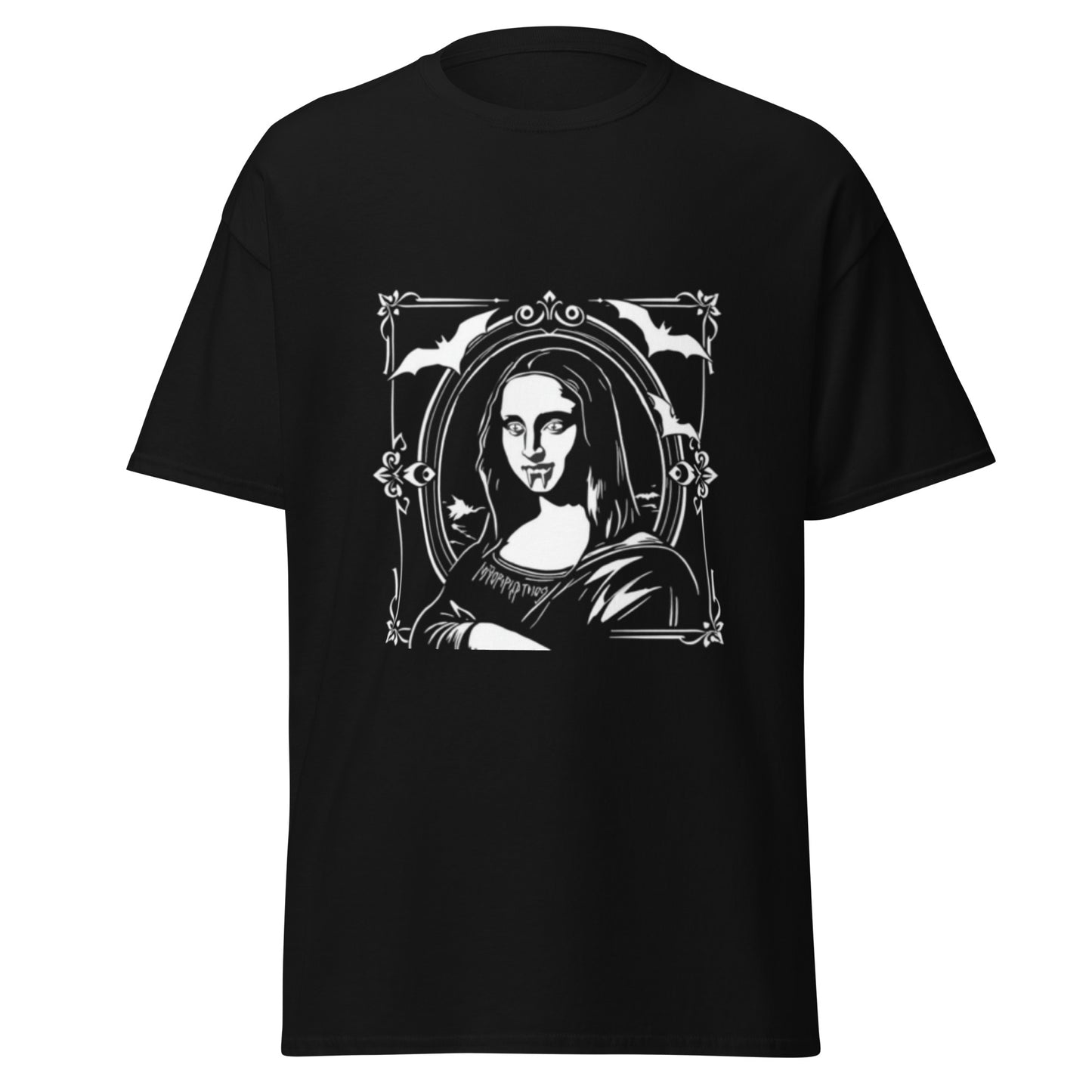 Black t-shirt with a graphic design of a vampire Mona Lisa on a black background with bats flying around while she is sitting inside of a goth picture frame.