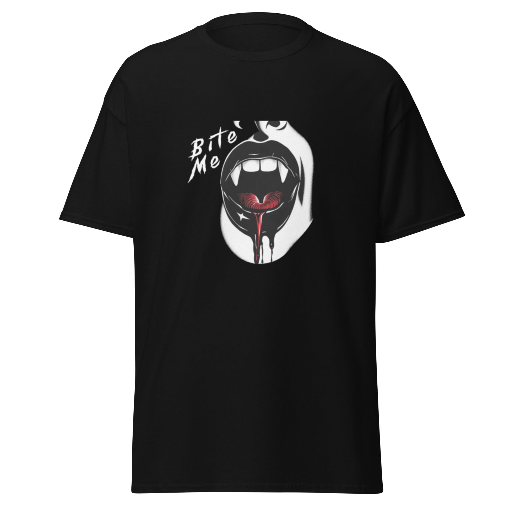 Black t-shirt with a graphic design of a vampire mouth with fangs and the text 'Bite Me' with blood dripping out of mouth.