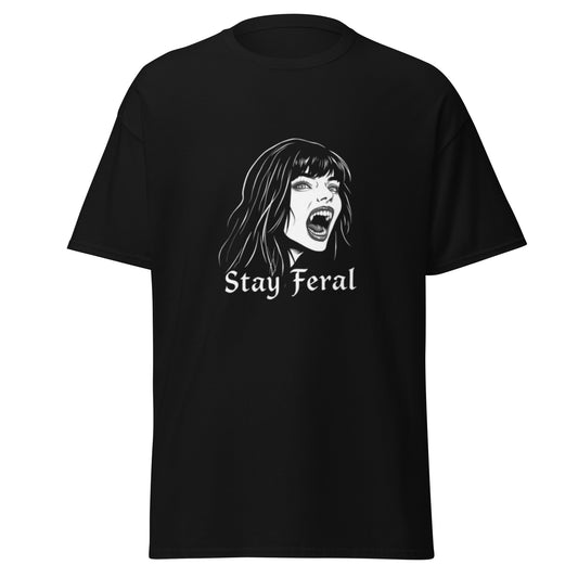 Black t-shirt with a graphic of a vampire woman's face and a quote that says 'Stay Feral' on it.