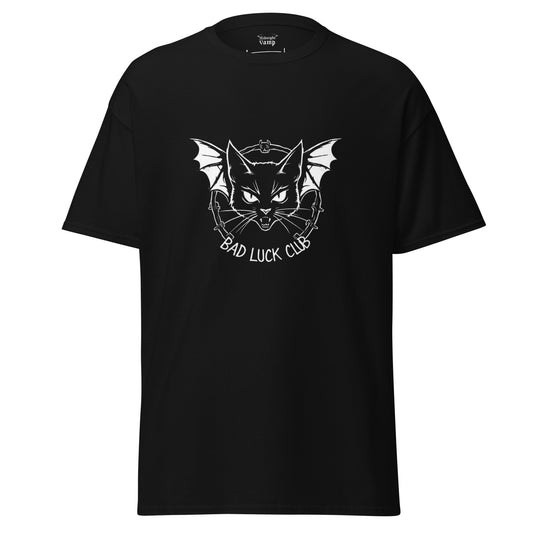 Black t-shirt with a graphic of a cat with bat wings and 'Bad Luck Club' text on it