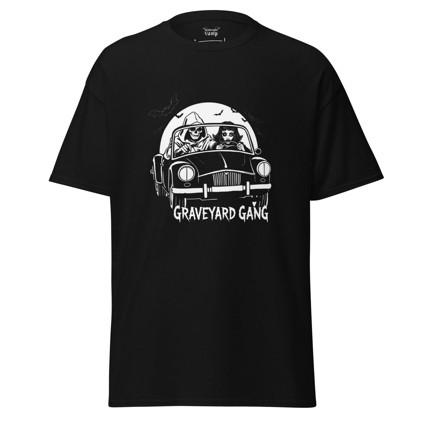 Black t-shirt with 'Graveyard Gang' graphic design of a grim reaper and vampire women driving with bats flying around.