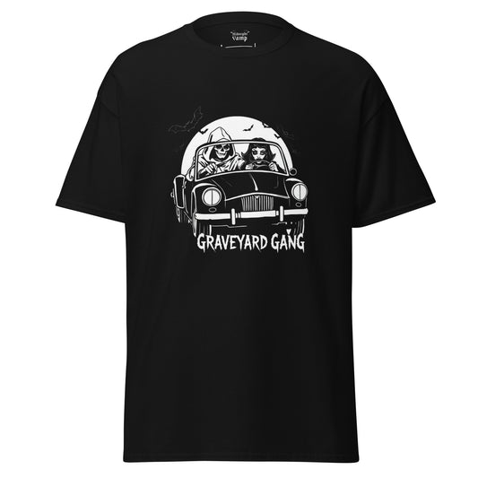Black t-shirt with 'Graveyard Gang' graphic design of a grim reaper and vampire women driving with bats flying around.