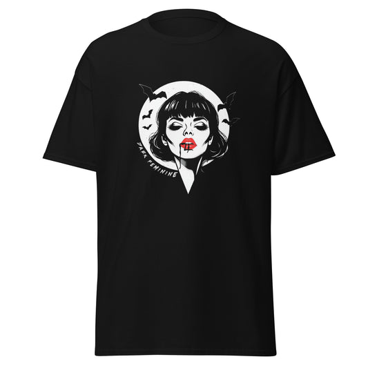 Black t-shirt with a graphic design of a woman's face with red lips and black hair with bats flying arounf her with a full moon and text saying "Dark Femnine" on the front