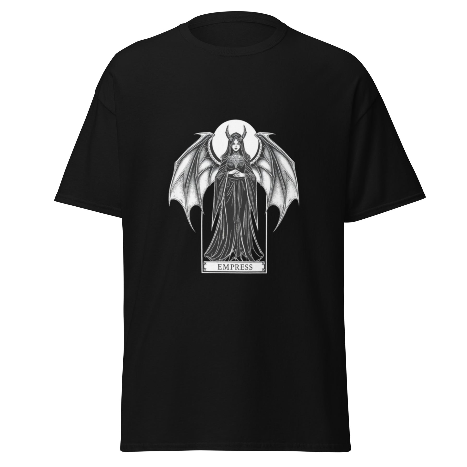 Black t-shirt with a graphic design of a woman with bat wings & horns labeled 'Empress' on a tarot card with a full moon behind her