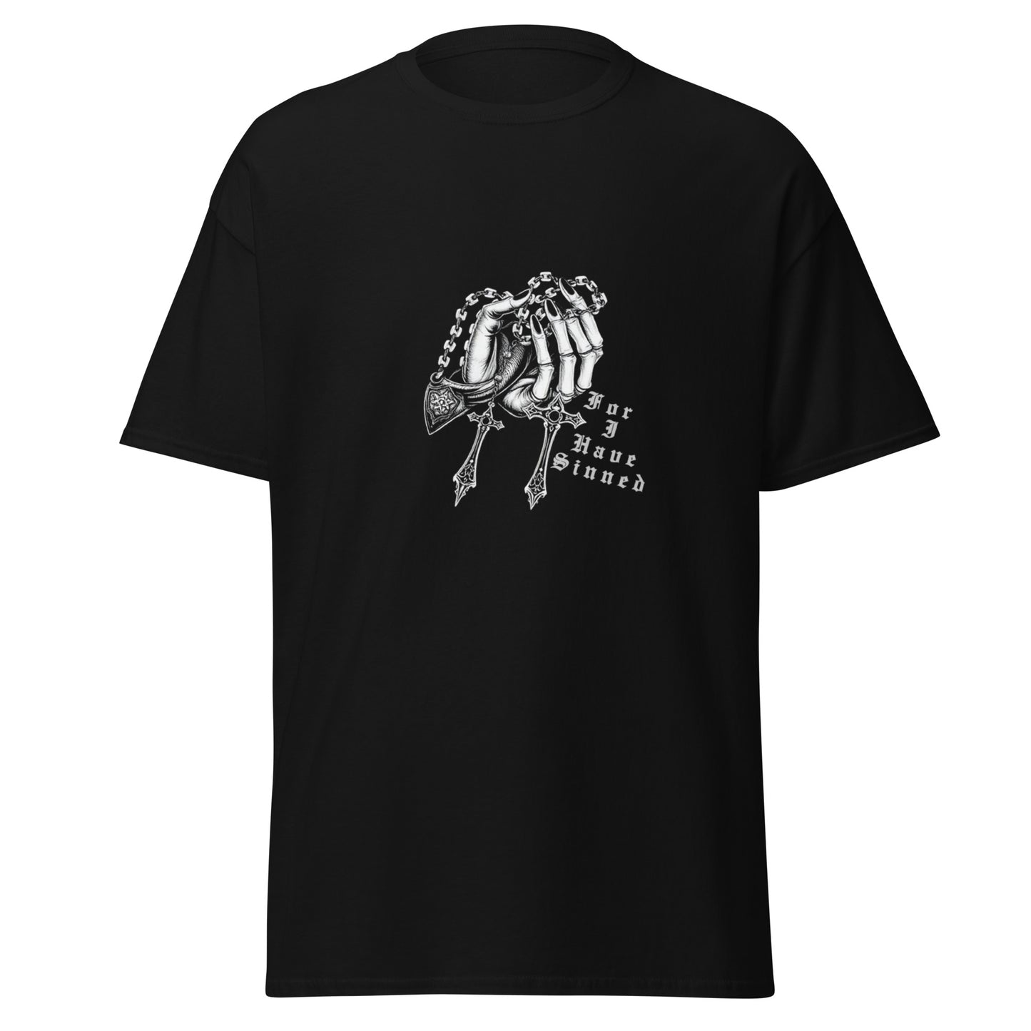 Black t-shirt with skeleton hands holding a rosary with the quote "For I Have Sinned" written on it