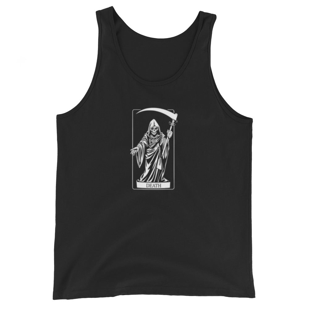 Black tank top with a graphic of the Grim Reaper on the 'DEATH' tarot card.