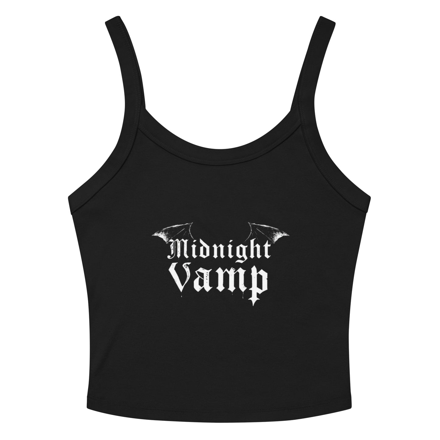 Black crop top with the 'Midnight Vamp' logo with bat wings design on it.