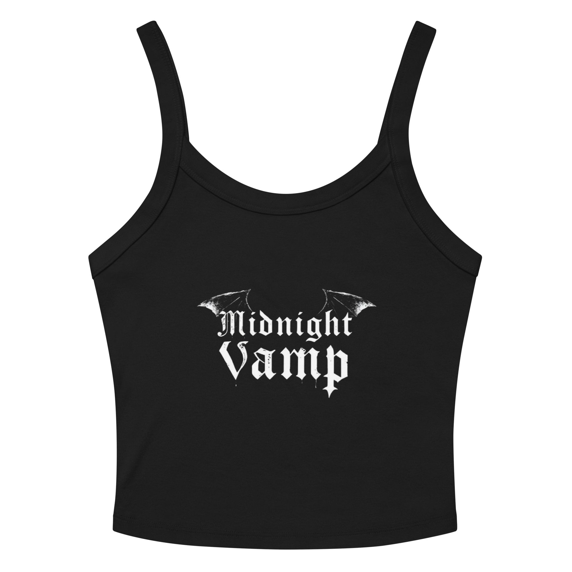 Black crop top with the 'Midnight Vamp' logo with bat wings design on it.