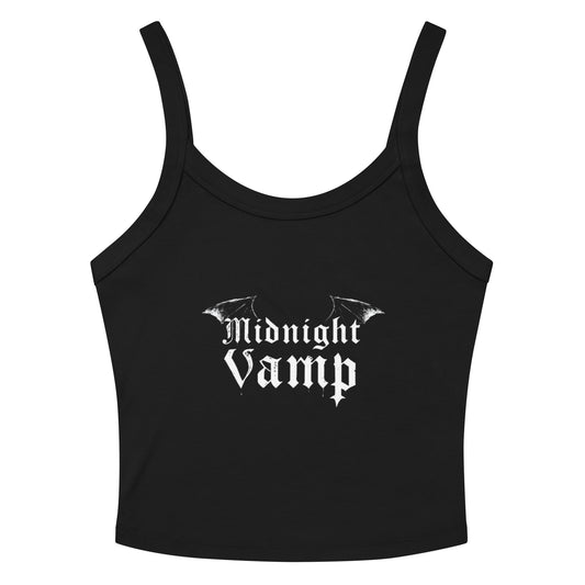 Black crop top with the 'Midnight Vamp' logo with bat wings design on it.