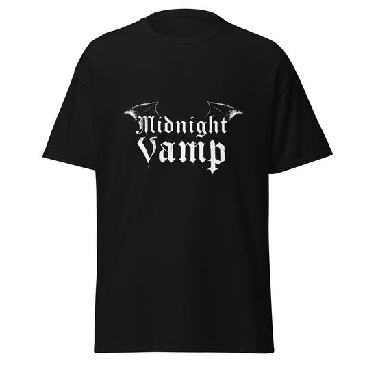 Black t-shirt with the 'Midnight Vamp' logo  with bat wings design on it.
