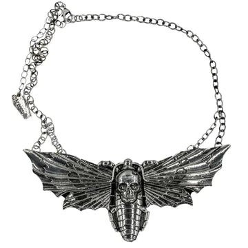 A silver-colored metal necklace featuring a pendant in the shape of a moth with outstretched wings, incorporating skull motifs in the goth alternative style.