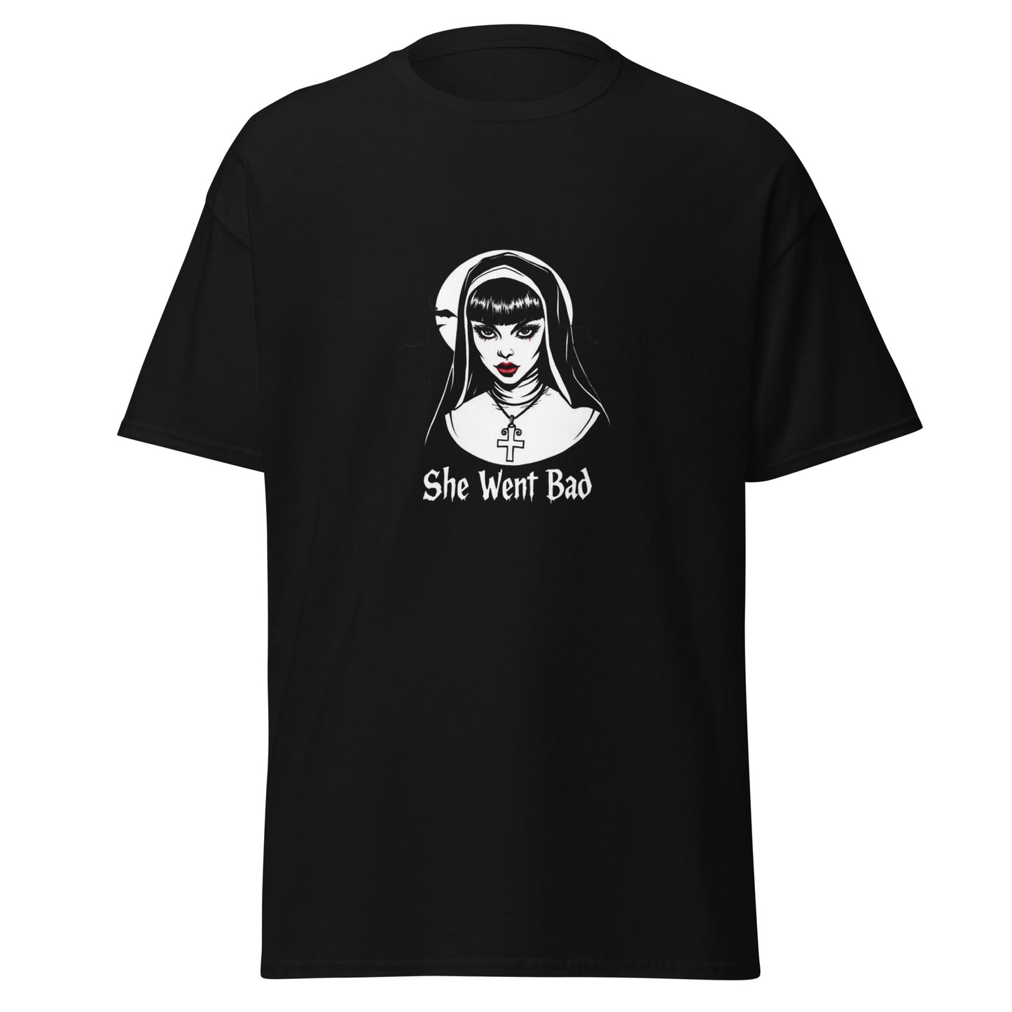 Dead Posey band merch - Black t-shirt with a design of a nun with bats flying around and 'She Went Bad' written underneath graphic