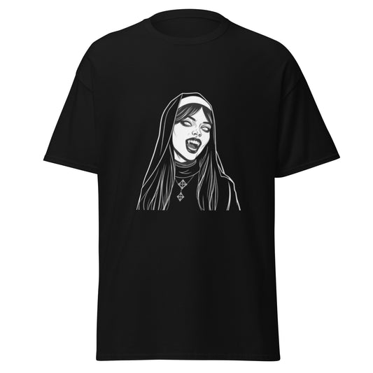 Black t-shirt with a white graphic of a nun with vampire teeth hissing