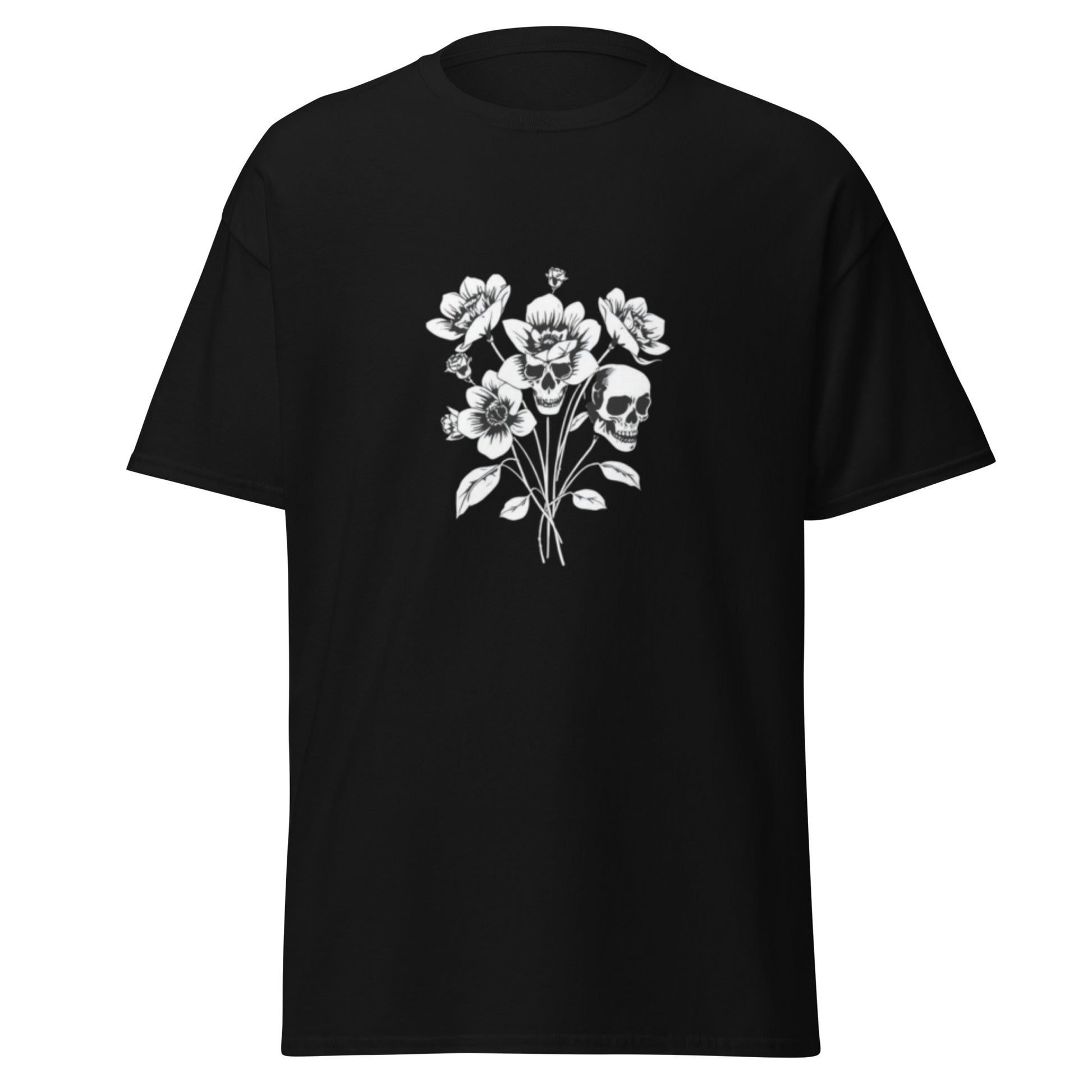 Black t-shirt with a white floral and skull design on it. A Midnight Vamp Original - Designed by Dahlia Dread