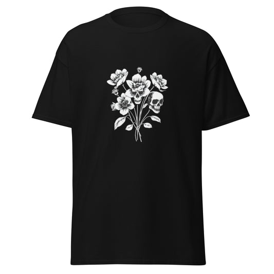 Black t-shirt with a white floral and skull design on it. A Midnight Vamp Original - Designed by Dahlia Dread