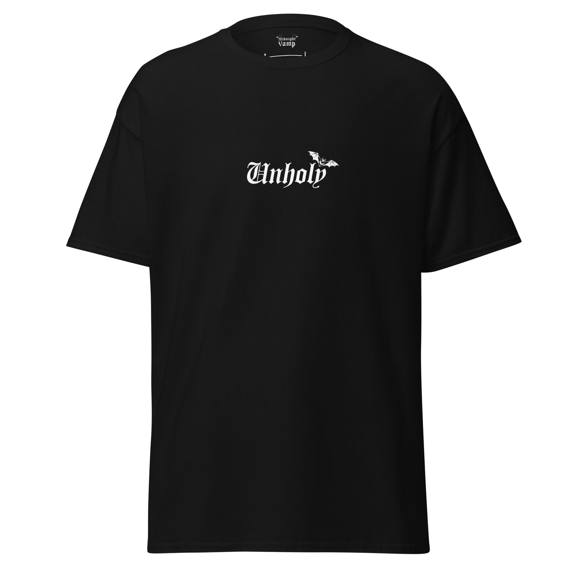 Black t-shirt with 'Unholy' written on it with a small bat. A Midnight Vamp Original - Designed by Dahlia Dread