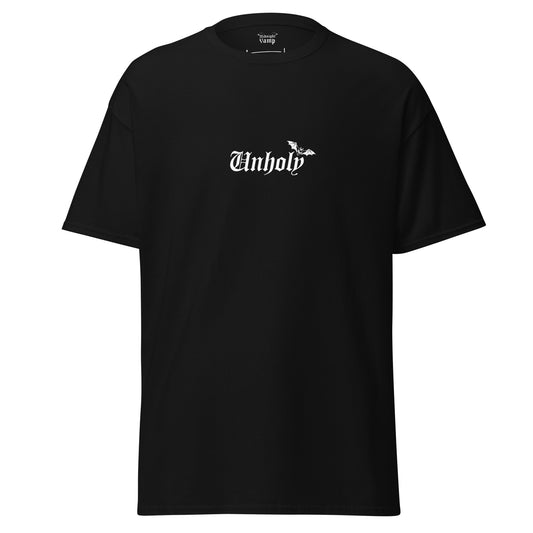 Black t-shirt with 'Unholy' written on it with a small bat. A Midnight Vamp Original - Designed by Dahlia Dread