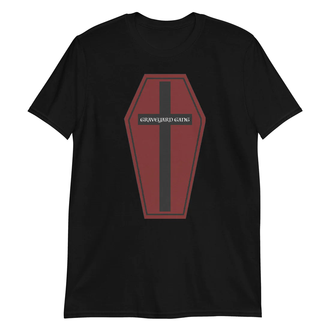 Coffin t-shirt design with the quote "graveyard gang" on the front of it with a goth cross.