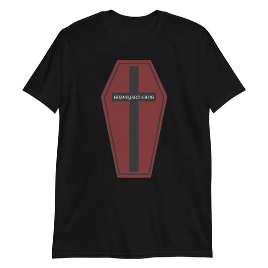 Coffin t-shirt design with the quote "graveyard gang" on the front of it with a goth cross.