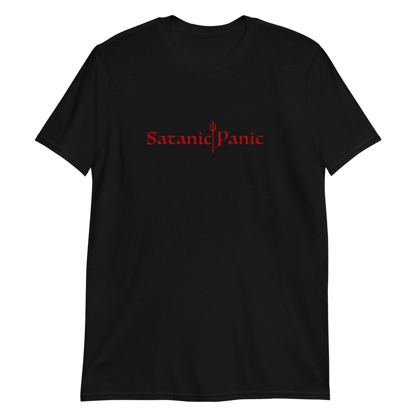 Black T-shirt with 'SATANIC PANIC' text in red on the front.